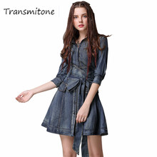 Women Denim Sashes Dress 2019 Vintage Spring 3/4 Sleeve Dresses Turn-down Collar A-line Single Breasted Vestios High Quality 2024 - buy cheap