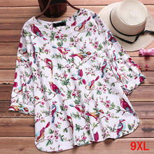Large size women's shirt cotton and linen printed plus size 5XL 6XL 7XL 8XL 9XL summer round neck long sleeve loose white top 2024 - buy cheap