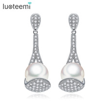 LUOTEEMI Drop Brincos For Women Jewelry Micro Paved CZ Crystal with Waterdrop Simulated Pearl Earrings High Quality Wedding Gift 2024 - buy cheap