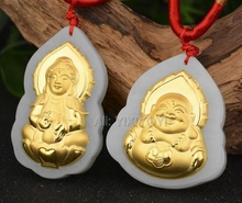 Natural White Hetian Jade + 18K Solid Gold Chinese Blessing Buddha GuanYin Amulet Lucky Pendant + Free Necklace Fine Jewelry 2024 - buy cheap