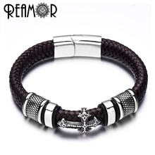 REAMOR 12mm Width Braided Leather Men Bracelets 316L Stainless Steel Cross Charms Cuff Bracelets Bangles Trendy Male Jewelry 2024 - buy cheap