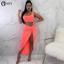 GBYXTY Neon Color Beach Skirt Set Sexy 2 Piece Set for Women One Shoulder Crop Top and Split Skirt Set Femme Pink Outfit ZL169 2024 - buy cheap