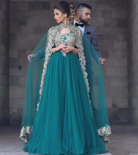 Emerald Green Muslim Evening Dresses Long A Line Gold Embroidery Crystals With Cape Formal Evening Gown Prom Dress Abendkleider 2024 - buy cheap