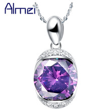 Almei 5%Off Silver Jewelry Statement With Oval Purple Stone Cubic Zircon with Necklaces & Pendants Women Girls Gifts N485 2024 - buy cheap