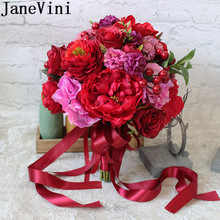 Janevini buquês artificial vermelho para casamento, buquê de flores de noiva, seda, rosa, peônia, broche de suporte, acessórios de casamento 2024 - compre barato