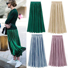 New Ladies Women Silky Long Maxi Skirts Pink Purple Green Silver Yellow Pleated Skirt One Size 2024 - buy cheap