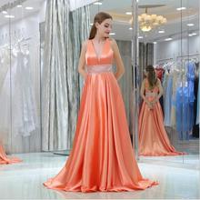 Vestido largo de satén con cuello de pico para dama de Honor, traje Formal de fiesta de boda con cinturón de cuentas, color naranja 2024 - compra barato