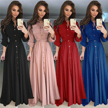 Long Sleeve Dress Solid Beach Vintage Maxi Dresses Boho Casual V Neck Belt Lace Up Tunic Button Casual Plus Size Dress 2024 - buy cheap