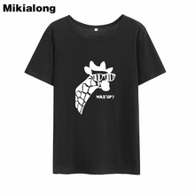 Mikialong camiseta feminina estampada com desenhos animados was' up, camiseta de algodão de manga curta para mulheres, preto e branco, verão, 2018 2024 - compre barato