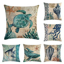 Sea Turtle Printed Cotton Linen Cushion Cover Marine Ocean Sea Horse Home Decor Pillowcase Octopus Sofa Cushion Case 2024 - buy cheap