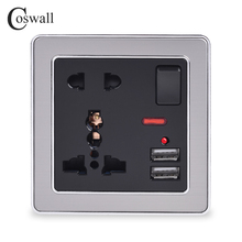 Coswall 13A Universal 5 Hole Switched Wall Socket With Neon 2.1A Dual USB Charger Port LED indicator Black Stainless Steel Frame 2024 - buy cheap