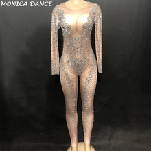 Macacão feminino luxuoso de cristais brilhante, para palco, de strass grande, nude, roupa de aniversário, traje para noite 2024 - compre barato