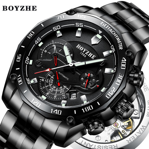 BOYZHE Men Sports Automatic Mechanical Watch Black Luminous  Luxury Brand Military Stainless Steel Gold Watch Relogio Masculino 2022 - buy cheap