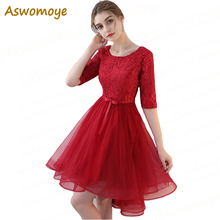 Aswomoye Elegant Short Women Red Evening Dress 2018 Stylish Beading Sashes Party Dress Back Lace Up O-Neck robe de soiree 2024 - buy cheap