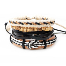 4pcs/set Boho Gypsy Hippie Punk Brown Black Leather Beige Cord Wrap Knots Wooden Bead Layers Adjustable Bracelets Set for Man 2024 - buy cheap