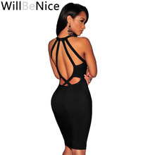 WillBeNice 2019 Wholesale Women Black Hollow Out Halter Neck Sexy Spaghetti Deep V Neck Bodycon Clubwear Bandage Dress Woman 2024 - buy cheap