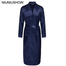 Темно-синий китайский мужской шелковый халат из искусственного шелка, летняя повседневная одежда для сна, кимоно с v-образным вырезом, юката, банное платье, размер S M L XL XXL 2024 - купить недорого