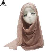 Pañuelo de lino liso con encaje para mujer musulmana, hijab de retales de moda, 10 unids/lote, envío rápido, 11 colores 2024 - compra barato