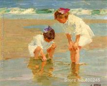 Arte sobre lienzo hecho a mano de alta calidad para chicas jugando en el Surf de vacaciones Edward Henry Potthast 2024 - compra barato