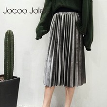 Jocoo Jolee Autumn 2019 Women Casual Long Metallic Silver Maxi Pleated Skirt Midi Skirt Elastic High Waist Suede Party Skirt 2024 - buy cheap