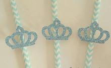 Дешевые блестящие голубые соломки для дней рождения принца короны бумажные соломинки для питья Свадебные девичники для детского душа 2024 - купить недорого
