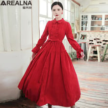 Vestido longo feminino, elegante, vermelho, de veludo, linha a, outono e inverno, retrô com gola plissada, medieval, grande swing 2024 - compre barato