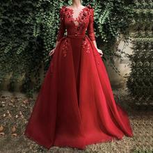 china Red V-neck Long Sleeves Sweep Train Sexy Lace Applique Crystal Beaded Evening Dresses Vestidos De Fiesta De Noche 2024 - buy cheap