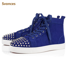 Unisex Blue Casual Sneakers High Top Flock Designer Fashion Rivets Mens Shoes Lace-up Comfortable Flats Platform Ankle Boots 2024 - buy cheap