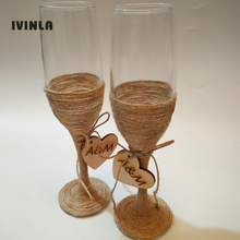 Conjunto de copas de champán de arpillera para boda, Set de copas de vino de yute para boda, regalo de boda rústico personalizado, 1 par/lote 2024 - compra barato