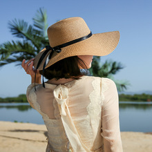 Chapéus de verão para mulheres, chapéu de sol, praia, chapéu de palha panamá, aba larga, fita preta, viseira com laço, boné feminino 2024 - compre barato
