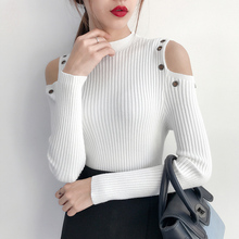 2019 moda Primavera mujeres fuera del hombro Jersey de punto de manga larga sólido ajustado suéter alto Jersey elástico Casual Tops 2024 - compra barato