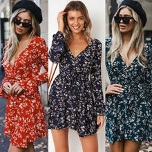 Vestido curto feminino estilo boho, vestido de verão com estampa floral, decote em v profundo, moda praia, vestido elegante 2024 - compre barato