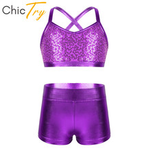 ChicTry Kids Teens Shiny Sequins Tankini Girls Spaghetti Strap Ballet Leotard Gymnastics Shorts Crop Top Set Stage Dance Costume 2024 - buy cheap