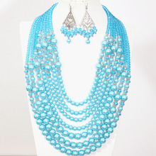 Pendientes de collar de 7 filas de perlas de imitación, charms bohemios, azul cielo, Concha redonda, cristal de ábaco, juego de joyería artesanal único B1300 2024 - compra barato
