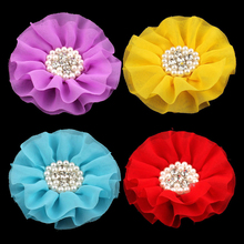 50 unids/lote 4 "15 colores grandes flores de gasa + Rhinestone Botón de perla para el cabello accesorios Artificial flores de tela para diademas 2024 - compra barato