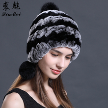 Sombreros de invierno para mujer, gorro de piel auténtica con pompones a rayas, informal, gorro para mujer, marca, chicas rusas, piel auténtica de conejo Rex 2024 - compra barato