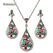 2 Pcs/lot Hot Bohemian Antique Gold Turkish Wedding Jewelry Sets Vintage Water Drop Colored Flower Necklace Earrings For Women 2024 - buy cheap