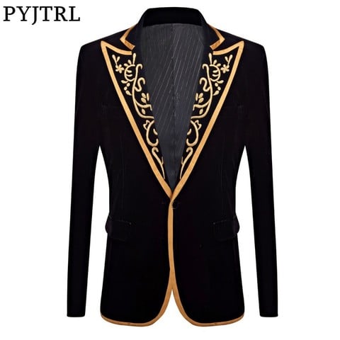 PYJTRL Mens Military Style Embroidery Velvet Blazer Suit Jacket
