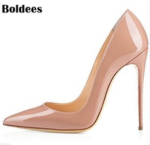 Discount Thin High Heel Shoes Woman Nude Patent Leather Pointed Toe Pumps Fashion High Heeled 10/12cm heels dress shoe 2024 - buy cheap
