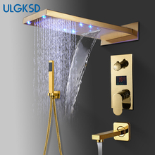 ULGKSD Bathroom Shower Faucet LED Golden Brass Waterfall Rain Shower Head Wall Mount Hot and Cold Water Mixer Tap 2024 - buy cheap