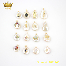 10pcs Freeform Drop Pearl Charms Fashion Pendant,Freshwater Pearl Paved Cubic Zircon Beads Gold CZ Crafts Necklace Jewelry FX01 2024 - buy cheap