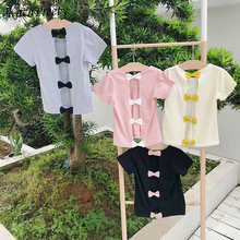 Camiseta de algodón con lazo y espalda descubierta para niñas, ropa informal de manga corta, tops de verano 2024 - compra barato