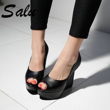 salu Pumps Sheepskin High Heels Shoes Woman Genuine Leather Peep Toe green Wedges Heel Wedding Shoes 2024 - buy cheap