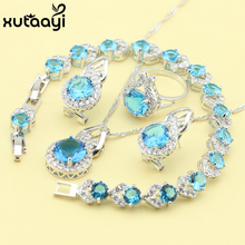 Blue Cubic Zirconia New Fashion Sterling Silver colorcolor Overlay Jewelry Sets For Women Classy Necklace Rings Earring Bracelet 2024 - buy cheap