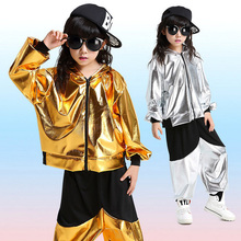 Traje de competición de baile de salón de Jazz para niñas y niños, prenda de Hip Hop, chaqueta con capucha, ropa de baile, color dorado y plateado 2024 - compra barato