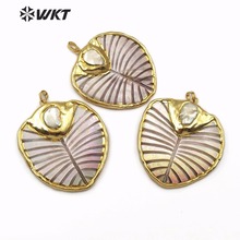 WT-JP100 WKT New Natural Shell Pendant Plant Leaf Shape with Pearl Embellished Gold Bezel for Women Jewelry Pendant Necklace 2024 - buy cheap