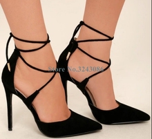 Pointed Toe Lace Up Thin High Heel Shoes Black Pink Gray Yellow Suede Cross Strap Pumps Casual Women Stiletto Heel Shoes New 2024 - buy cheap