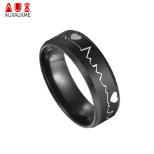 Мужские кольца Auxauxme 8 мм, с электрокардиограммой, сердечный ритм, черная титановая сталь, кольцо для мужчин, ювелирных изделий 2024 - купить недорого