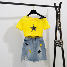 2019 Women Summer New Casual Two Piece Set Sequined Stars Slash neck T-shirt+ Embroidery Star Tassel Denim Skirt With Belt 2024 - buy cheap