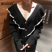 Женский свитер с v-образным вырезом RUGOD, повседневный однотонный однобортный вязаный кардиган с оборками, 2019 2024 - купить недорого